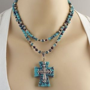 Heavy Matrix Double Layer Turquoise Cross Necklace